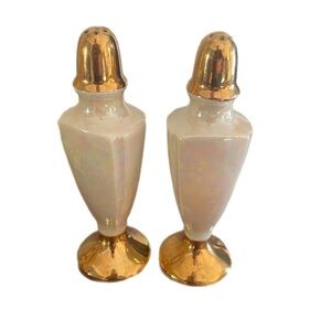 Vintage 6” Set of 2 pearl opalescent salt and pepper shakers with gold